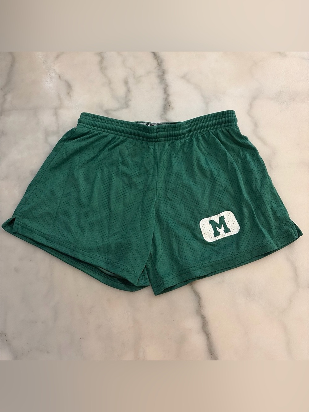Green Women's Athletic Mesh Shorts with 'M' Patch